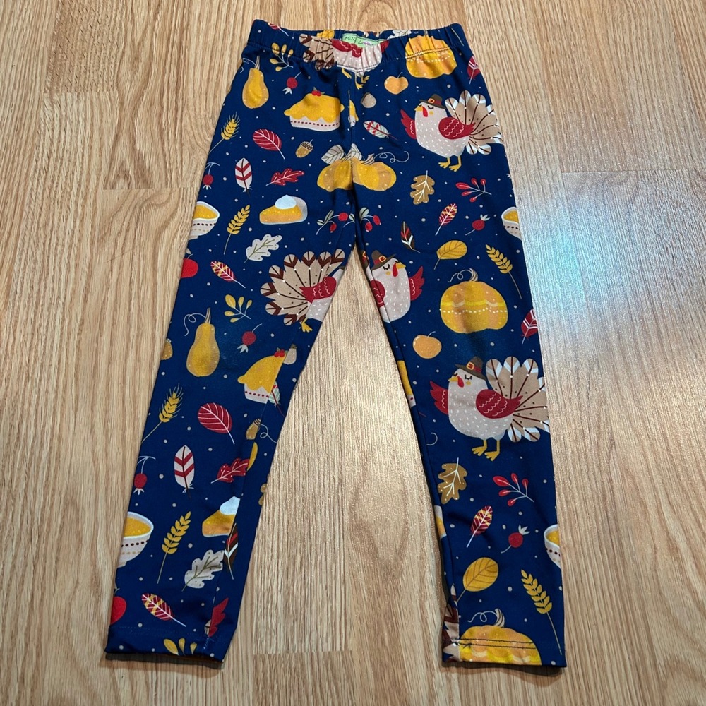 Millie Loves Lily Kids‎ Blue Thanksgiving Turkey Pumpkin Pie Leggings Size 5